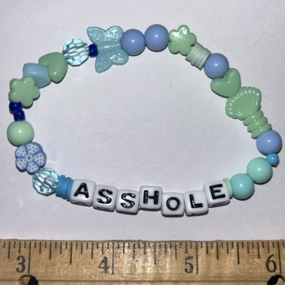 Handmade Beaded Letter Bracelet "A**HOLE" Blue Green Adult Humor